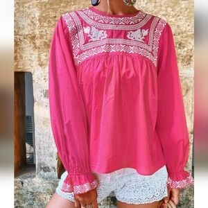 Zara Hot Pink Embroidered Boho Top with White Detailing Size XS NWT